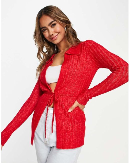 ASOS Red Cardigan With Collar And Tie Detail