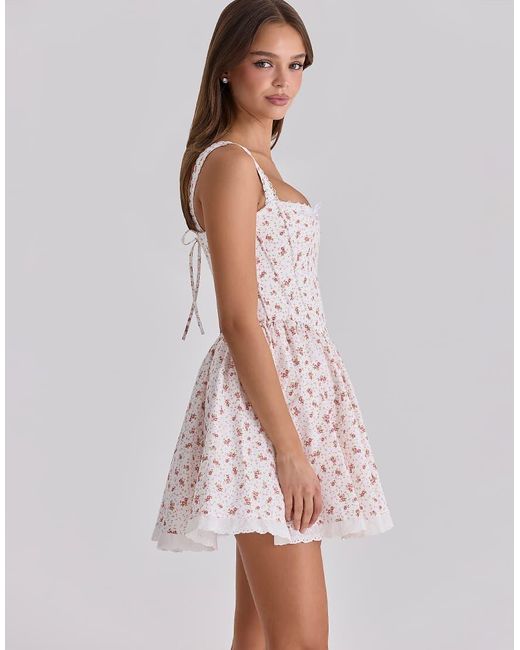 House Of Cb Pink Ami Rose Print Cotton Corset Mini Dress