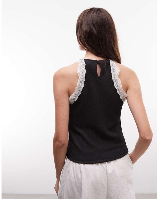 River Island Black Lace Trim Halterneck Textured Top
