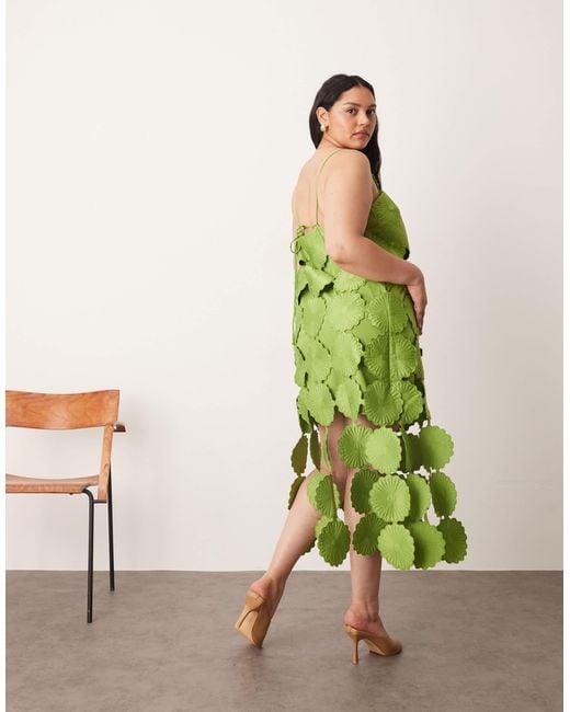ARRANGE Green Curve Cutwork Floral Midi Dress With Fringe Hem