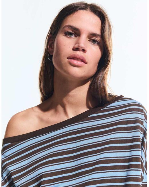 Bershka Blue Printed Asymmetric Neck Long Sleeve T-Shirt