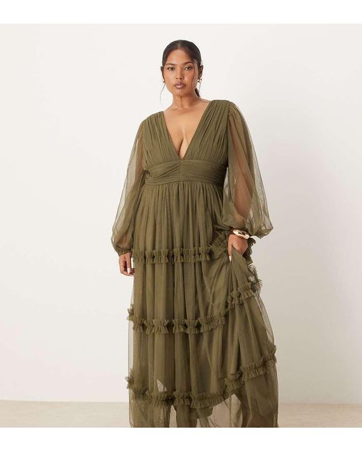 Lace & Beads Plus Green Boho Ruffle Maxi Dress