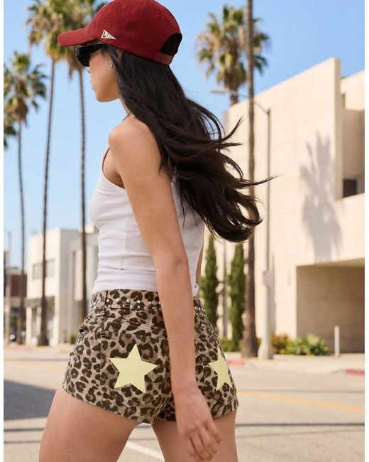 Bershka Natural Studded Leopard Print Twill Shorts