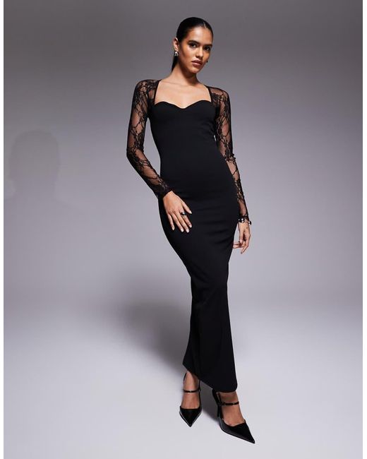 ASOS Gray Midi Dress With Cutaway Lace Long Sleeves