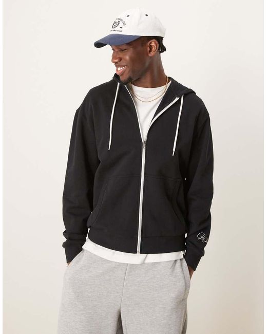 Felpa Nera Con Cappuccio, Zip E Stampa Sul Petto E Sul Retro di ASOS in Black da Uomo