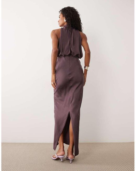 ASOS Purple Halter Neck Blouson Satin Maxi Dress