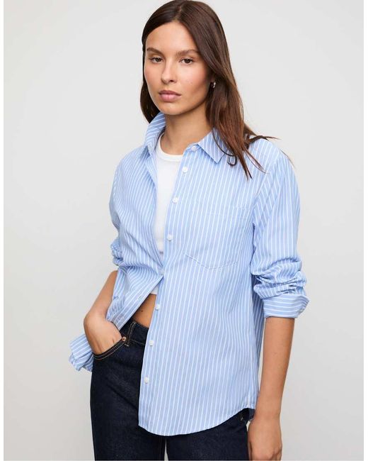 Stradivarius Basic Gestreept Poplin Overhemd Met Zak in het Blue