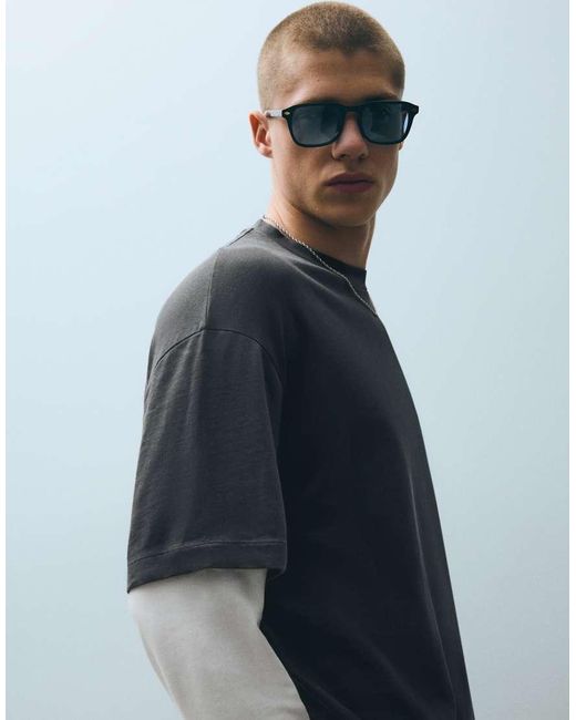 Bershka Blue Contrast Double-sleeve T-shirt for men