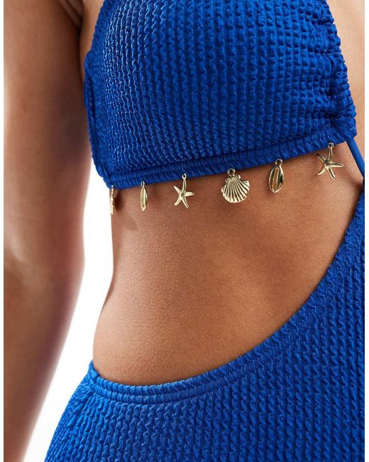 South Beach Blue Cut Out Front Crinkle Embellished Swimsuit