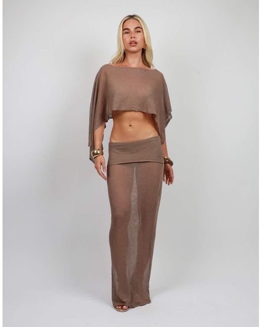 SIMMI Brown Foldover Sheer Knit Maxi Skirt