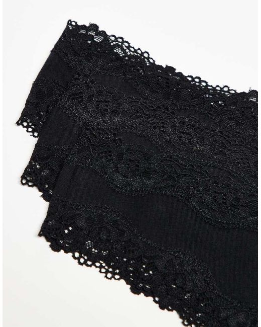 ASOS Black Asos Design 3 Pack Cotton & Lace Trim High Rise Malibu Thong