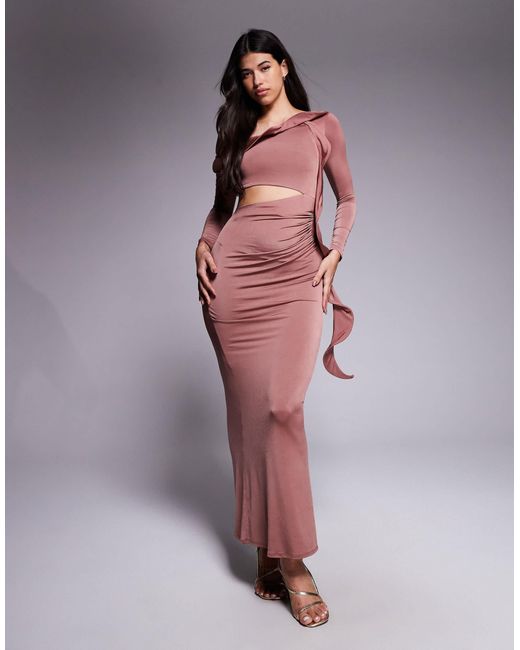 ASOS Brown Long Sleeve Structured Ruffle Midi Dress With Cut Out Detail