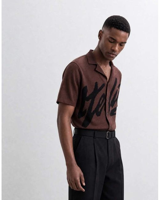 ASOS Brown Oversized Knitted Revere Button Through Shirt With Graphic for men