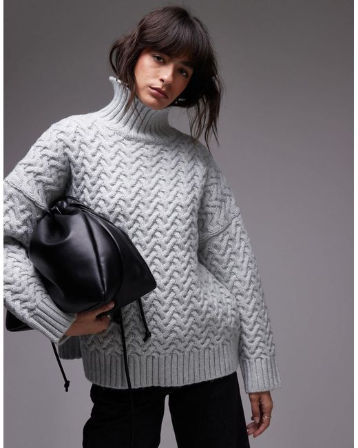 Pull oversize à col montant en maille torsadée - bleu clair TOPSHOP en coloris Gray