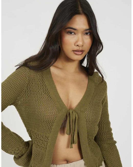 Brave Soul Green V-Neck Tie Front Cardigan With Flared Cuffs