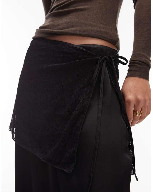 Reclaimed Vintage Blue Wide Leg Satin Trousers With Lace Belt Overlay