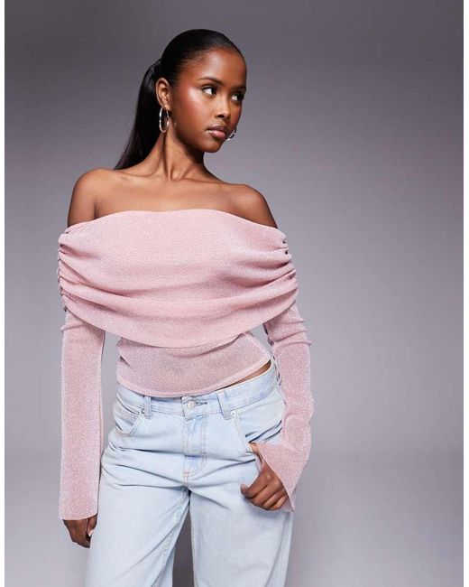 Top Efecto Purpurina Con Escote Bardot Asimétrico Y Mangas Acampanadas De Malla De -Dorado ASOS de color Purple