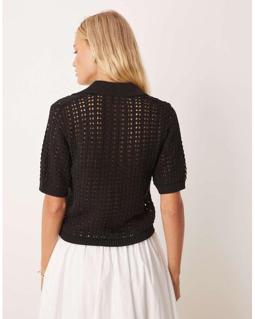 Brave Soul Black Pointelle Knit Collared T-Shirt