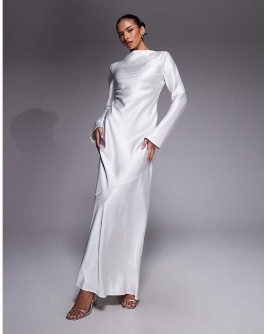 DASKA Gray Satin Bias Long Sleeve Seam Detail Maxi Dress
