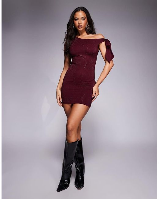 The Frolic Purple Exclusive Hot Fix Off Shoulder Tie Detail Bodycon Mini Dress