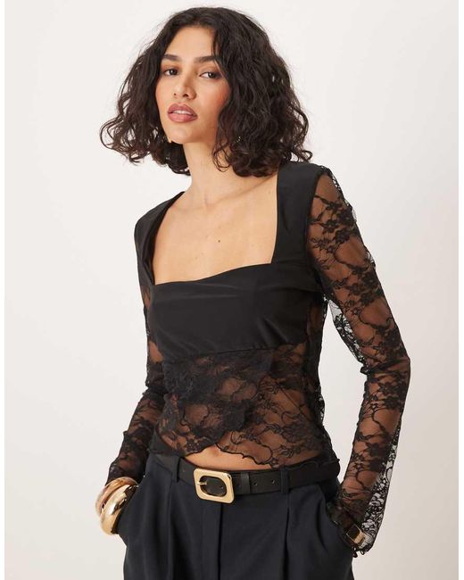 ASOS Black Square Neck Flared Sleeve Layered Lace Top