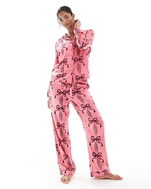 Chelsea Peers Pink Satin Long Sleeve Revere Pajama Set