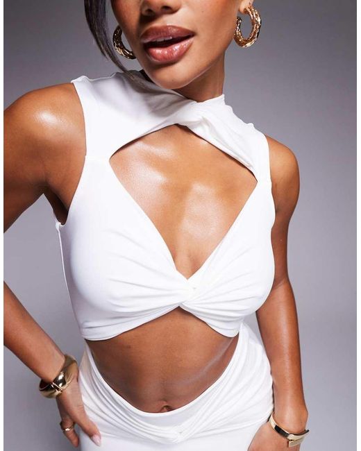Vestito Lungo Doppio Strato Aderente E Accollato Con Intreccio Sul Davanti E Cut-Out di Aria Cove in Gray
