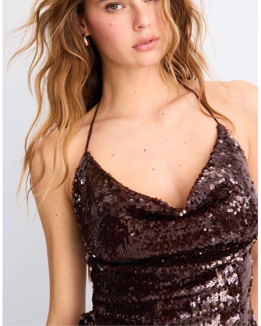 Stradivarius Brown Sequin Halter Top