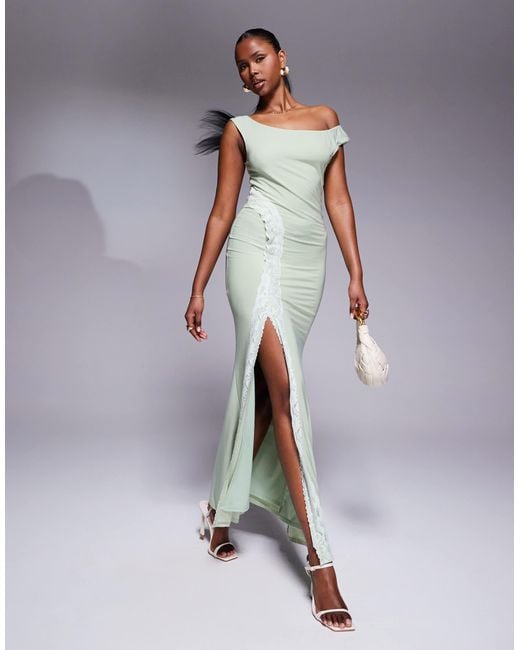 Robe longue fendue à encolure bardot et empiècements en dentelle sur les côtés - vert sauge ASOS en coloris Blue