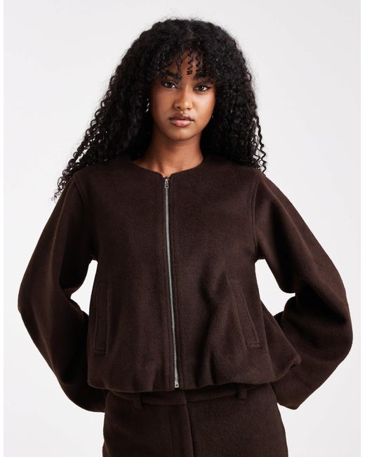 Bomber d'ensemble sans col aspect laine avec manches ballon - marron chocolat 4th & Reckless en coloris Black