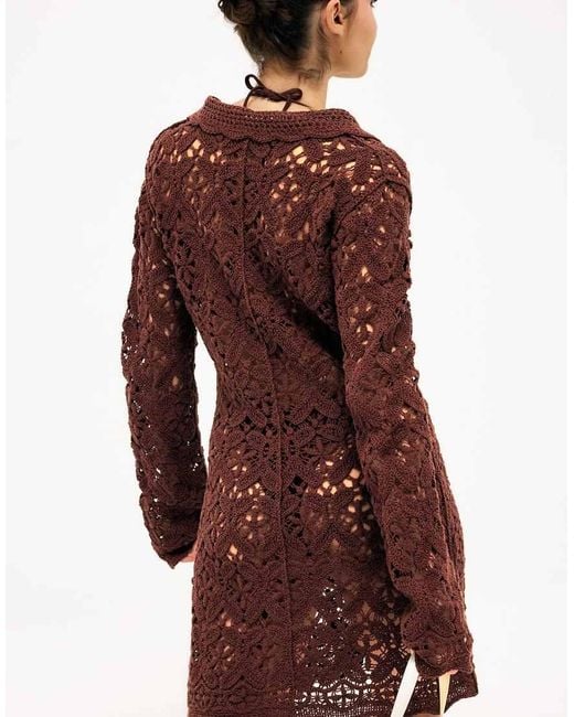 NA-KD Brown Knitted Crochet Mini Dress