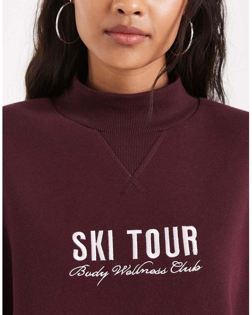 Cotton On Red Plush Mock Neck Sweatshirt With Ski Tour Graphic