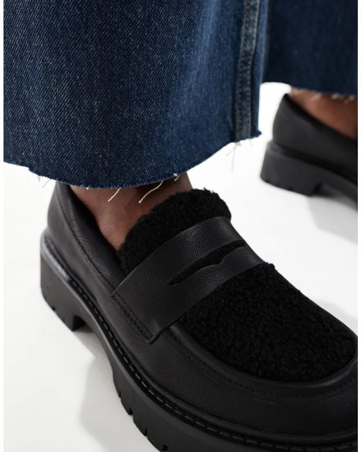 London Rebel Blue Olivia Contrast Teddy Fur Chunky Loafers