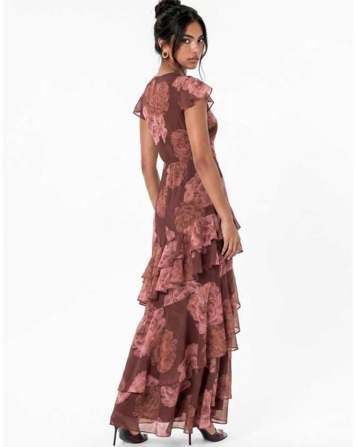 ANAYA Red Floral Print Faux Wrap Ruffle Maxi Dress