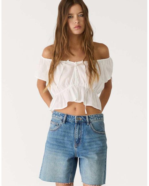 Stradivarius Bermuda Denim Short Met Halfhoge Taille in het Blue