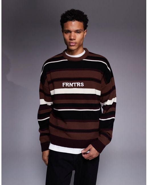ASOS Blue Oversized Knit Striped Sweater With Chest Graphic for men