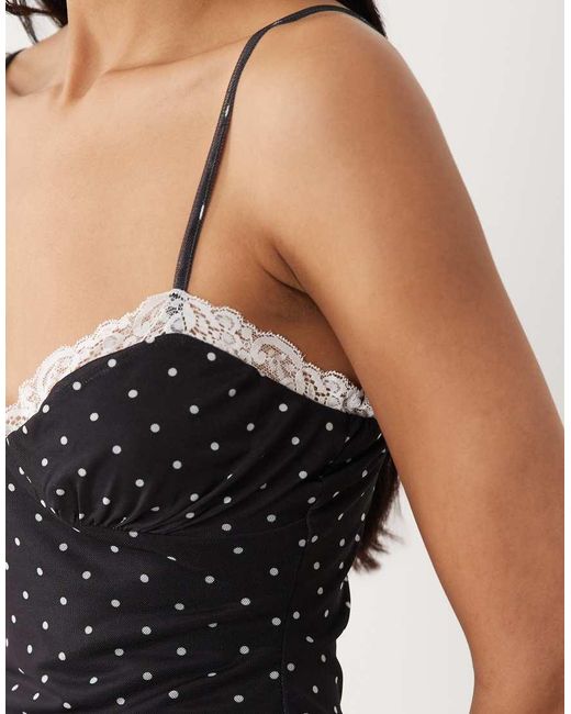 ASOS Black Polka Dot Print Mesh Midi Length Dress With Lace Panel Hem