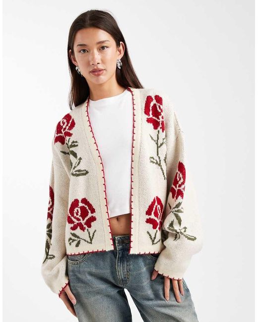 Miss Selfridge Red Floral Blanket Stitch Cardigan