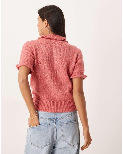 ASOS Red Frill Detail Nipped Waist Knitted Polo Top