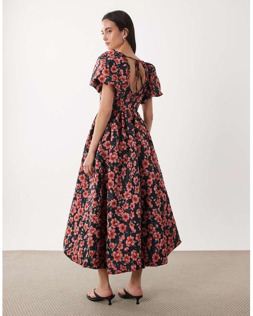 Sister Jane Blue Floral Jacquard Puff Sleeve Midi Dress