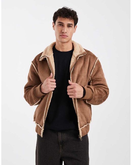 Cotton On Brown Faux Shearling Bomber Jacket for men