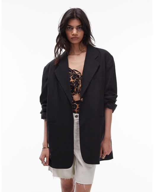 TOPSHOP Black High Break Oversized Linen Blazer