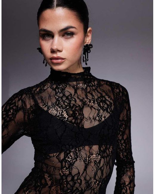 GOOD AMERICAN Gray Lace Mock Neck Bodysuit