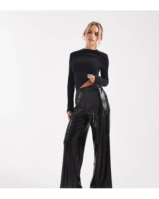 Only Petite Black High Waist Pull On Sequins Trousers