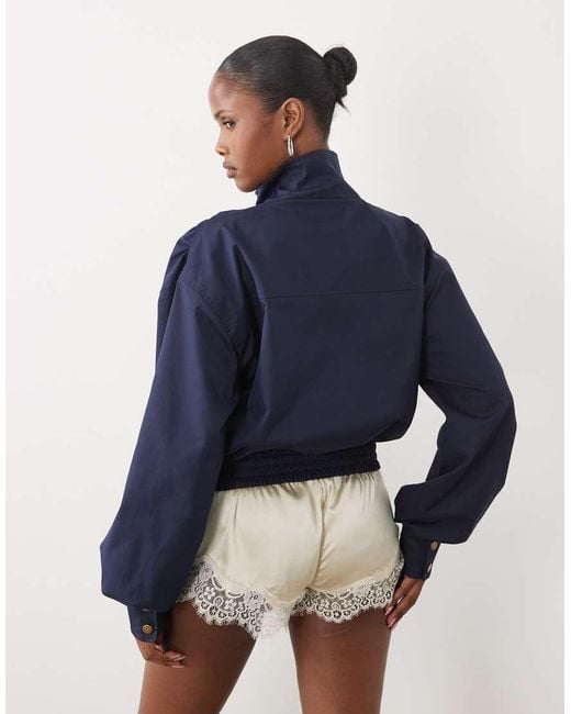 Missy Empire Blue Funnel Neck Buckle Detail Balloon Sleeve Jacket