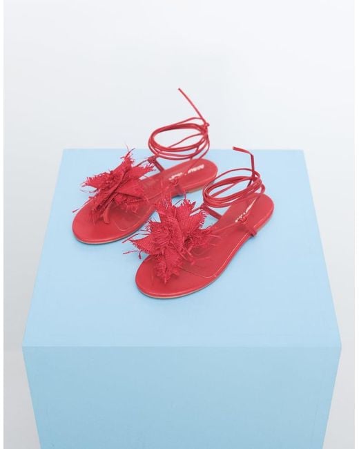 Public Desire Red Becca Raffia Flower Flat Sandals