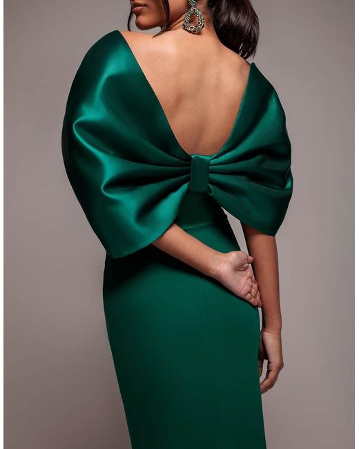 Goddiva Green Off Shoulder Back Satin Bow Maxi Dress
