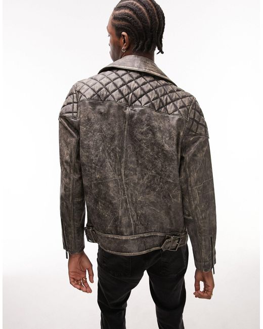 Topman Black Distressed Quilted Leather Jacket for men