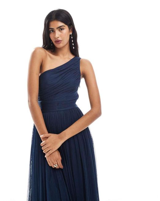 LACE & BEADS Blue Bridesmaid One Shoulder Maxi Dress