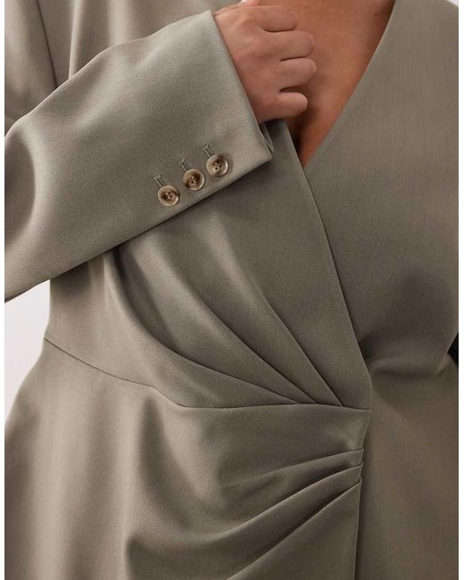ARRANGE Brown Curve Cinched Collarless Pleated Wrap Blazer
